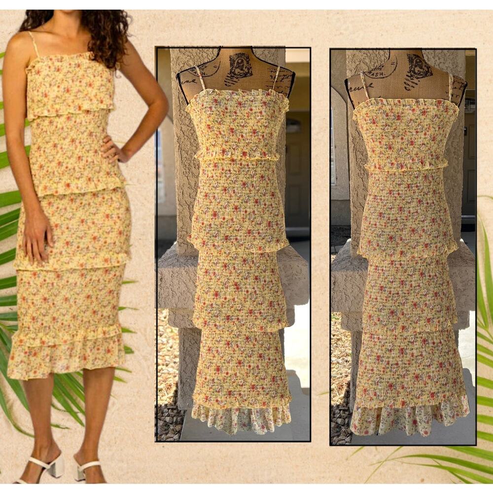 Pinkblush Yellow Floral Chiffon Smocked Fitted Midi Dress Size S